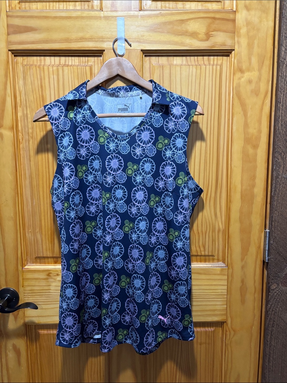 Puma Navy Floral Sleeveless Polo Tank with Lime Accents